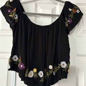 Forever 21 Floral Embroidered Black Top